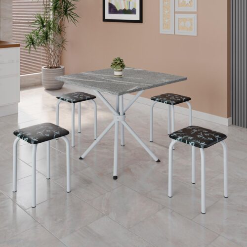 Conjunto de Mesa Bali Branco Tmp Granito Topazio 70x70 com 4 Tamboretes Branco.Lirio P